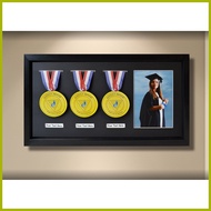 ⊕ ↗ ◊ ● Medal Frame 14 5/8'' x 8'' 3slots Medal + 4''x6'' Picture ( Black Mat/White/Black Mat) WALL