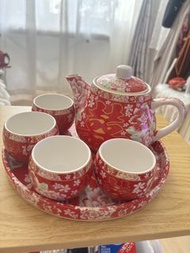 紅色牡丹雙喜茶壺茶杯套裝