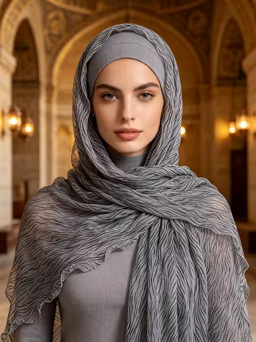 New Water Wave Print Muslim Hijab Crinkle Sheer Fabric Fringe Edge Long Shawl Soft Fringe Edge Shawl