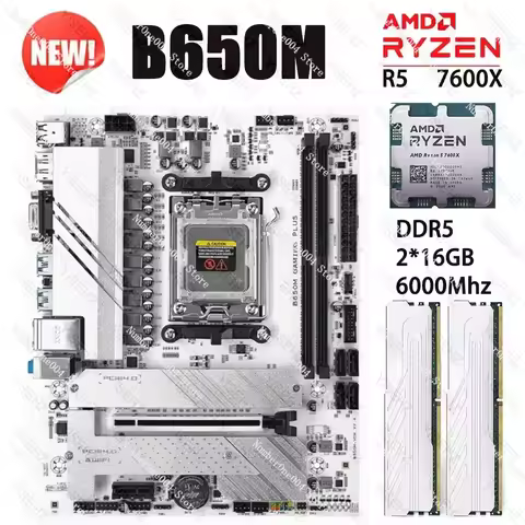 JGINYUE B650M Motherboard Kit Ryzen 5 7600X CPU Processors 2*16GB 6000Mhz DDR5 Dual Channel Memory R