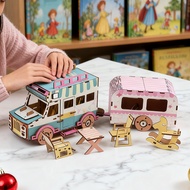 Wooden Camper Van Assembly Model – Retro RV, Fresh Colors, Desktop Decor, DIY Toy, Non-Electric Gift