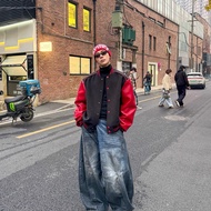 [H2O] Contrast Color Leather Baseball Uniform Men's Profile Wide Shoulder Short Jacket