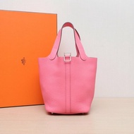 HERMES Picotin18菜籃子8W新唇膏粉TC皮W刻銀扣肩背包