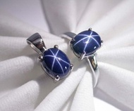 9x7 公釐 3 顆 925 純銀墜飾 戒指 藍色天然星光石戒指 婚戒或生日禮物