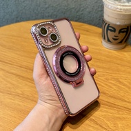 Glitter Folding Magsafe Stand Rhinestone Plating Side Soft Transparent Phone Case For iPhone 16 15 1