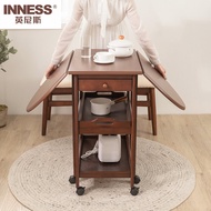 Innice Solid Wood Small Apartment Foldable round Dining Table Movable Coffee Table Kitchen Trolley Household Sofa Side Table