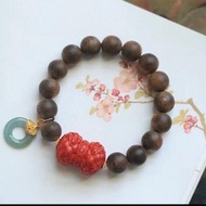 11mm天然沈香 沈香 朱砂雙頭蓮花危料藍水平安扣設計手串hs