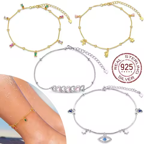Anklets for Women Summer Beach Accessories 925 Sterling Silver Zircon Chain Anklet Gold Color Leg Br