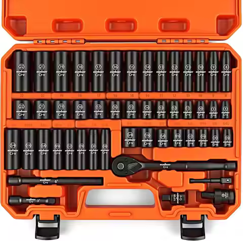 50-Piece Impact Socket Set with SAE/Metric Sizes, 3/8" Drive, Cr-V Steel, Includes Ratchet Handle & 