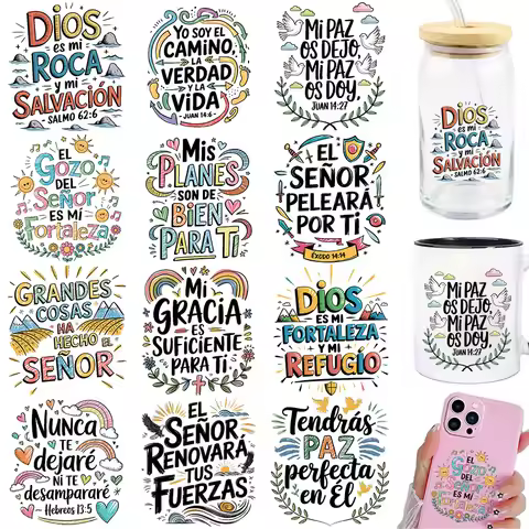 12pcs Spanish Bible Verse Christian DIY UV DTF Rub On Transfer Stickers Crafts Glass Mug Cup Wraps J