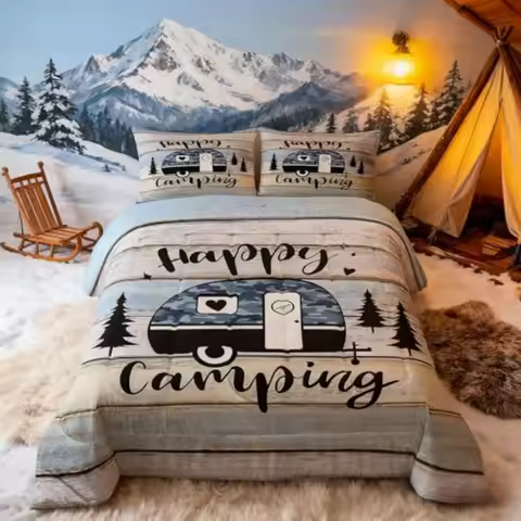 Happy RV Comforter Set SizePine Camper Rustic Farmhouse Bedding Set Girls Boys Room Decor Wooden Pla