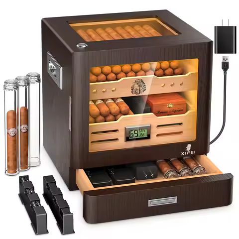 Cigar Humidor Cabinet,LED Lighting,Digital Hygrometer,2 Humidifiers,Cigar Tube,Desktop,Cedar Wood,wi