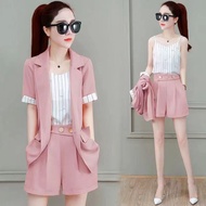 Women 3 Peices Set Blazer Jacket Outerwear +shorts Short Flare Pants Plus Size Korean Bf Style Baggy Top