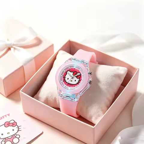 Cute Cartoon Pink Hello Kitty Kids Watches with Light-Up Purple Silicone Strap Girls Watch Children 