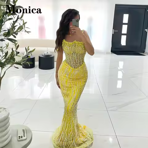 MONICA Bling Sequined Evening Dresses for Women Beads Spaghetti Straps Mermaid Birthday Vestidos De 