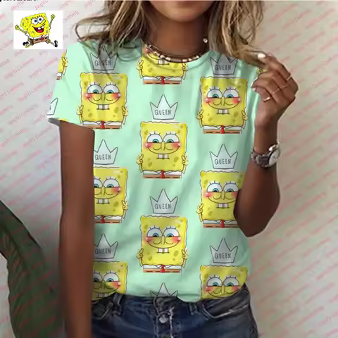 SpongeBob cartoon T-shirt 2024 new summer fashionable cute cartoon T-shirt comfortable casual ladies