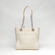 CHANEL 沙灘包購物包小號米色帆布晶片開銀扣肩背包