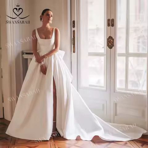 Sleeveless Satin A-Line Wedding Dress 2026 Square Collar Split Bow customized Bride Gown SwanSarah W
