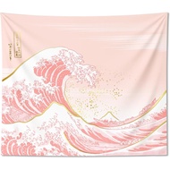 Tapestry Ovenbird Wave Pastel Pink dan Emas, Tapestry Jepun untuk Estetika Bilik Tidur, Hiasan Dindi