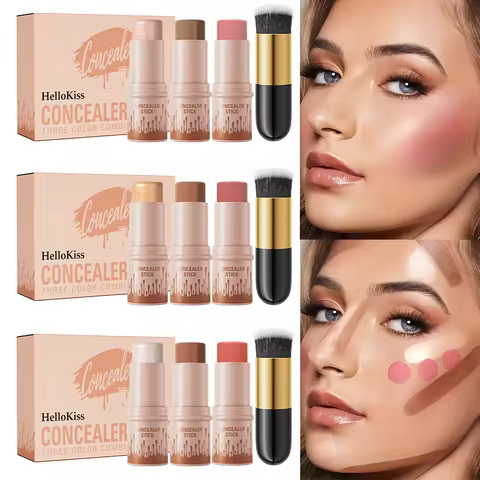 Contour Sticks, Highlighter Stick, Blush Stick, 3-Piece Cream Contour Set Including Contour Brush, C