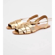 NEW ZARAˉ Family 2024 New Gold Slippers Hollow Open-toe Roman Sandals Back Hollow Cross Strap Flat S