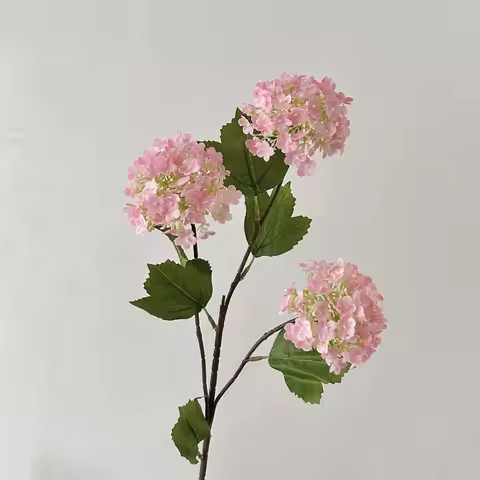 New 3 Heads Artificial Hydrangea Flower Green Leaves Lush Branch Artificial Faux Plants White Fake F