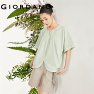 GIORDANO Women Shirts Lightweight Cotton Shirts Button Hollow Crewneck Petal Hem Elbow Sleeve Fashio