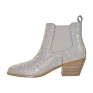 Point Toe Western Boots Chelsea Silver Glitter Rhinestone Block Heeled Cowboy Booty 6CM