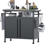 LOCENHU Outdoor Grill Cart with Storage on Wheels - 32 "H Outdoor Grill Table,Stainless Steel Top,Black (Hooks Not Included)