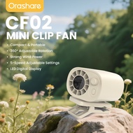 Orashare CF02 พัดลมหนีบขนาดเล็ก 100 สปีด ชาร์จไฟผ่าน USB ปรับหมุนได้ 360° เงียบ พร้อมจอแสดงผล LED