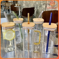 Cc 400ml Creative Square Borosilicate Glass Cup with Colored Handle and Bamboo lid & Glass Straw