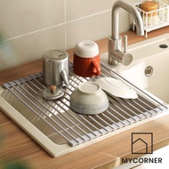 Silicone Drainboard Kitchen Silicone Dry Rack Stainless Steel Collapsible Storage Rack Roller Shutter Dish Rack Sink