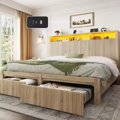King Size Bed Frame with 2 Storage Drawers, Charging Port & LED Light, Wood King Bed Frame and 2-Tie