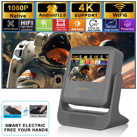 YouTube Netflix Ready Projector 7'' Touch Panel, 1080P 4K Decoding - 180° Rotatable, WiFi 6, BT5.0, 