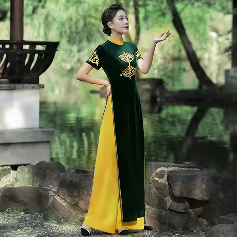 Autumn New Improved Chinese Style Stage Performance Dresses Long Split Qipao Lady Warm Velour Vestid
