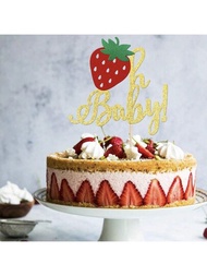 1個草莓Oh Baby蛋糕插旗，閃爍的Baby Shower草莓蛋糕裝飾，適用於水果主題性別揭曉，小孩生日派對用品金色
