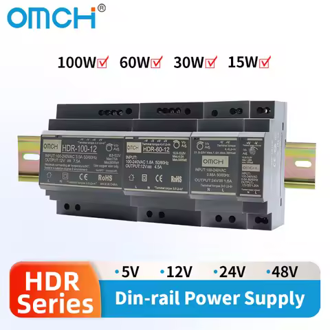 DIN Rail Switching Power Supply SMPS 100-240VAC 140-340VDC HDR-15W 30W 60W 100W Voltage 5V 12V 24V 4