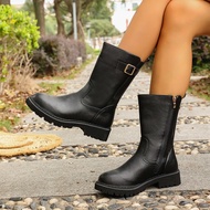 New store openingNew women's work boots for fall/winter - thick sole rounded toe fur trim buckle det