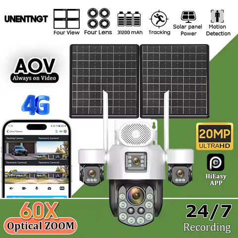 4-Lens Home Surveillance Solar Cameras 4G SIM 60X Optical Zoom Human Tracking Outdoor 31200MAH 24 Re