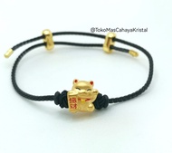 Gelang Tali Emas Charm Kucing Rejeki Padat / Lucky Cat Emas 24k HK Hongkong 9999%- Bracelet