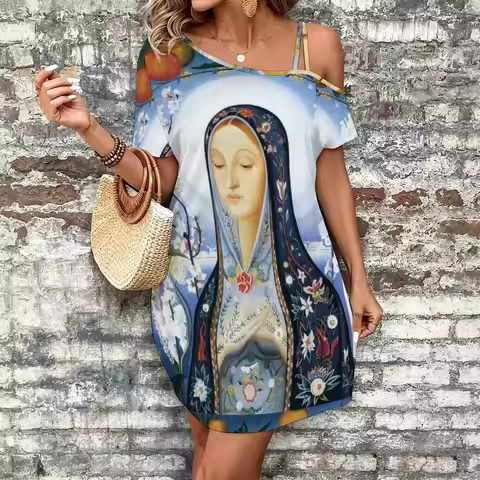 Artwork by Joseph Stella Women's Slanted Shoulder Single Strap Short-Sleeved Dress