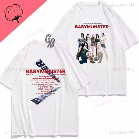New Trendy Babymonster T-shirt Babymons7er Top Kpop Hip Hop Girl Combination Cool Pattern T-shirt Un
