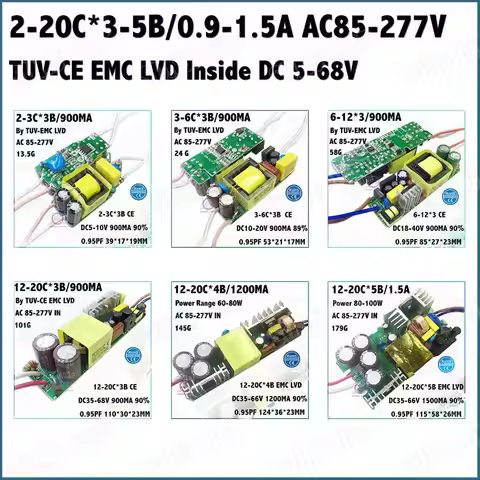 2-20Pieces TUV-CE EMC LVD PFC Inside 5-100W AC85-277V LED Driver 2-20Cx3-5B 0.9-1.5A DC5-68V Constan
