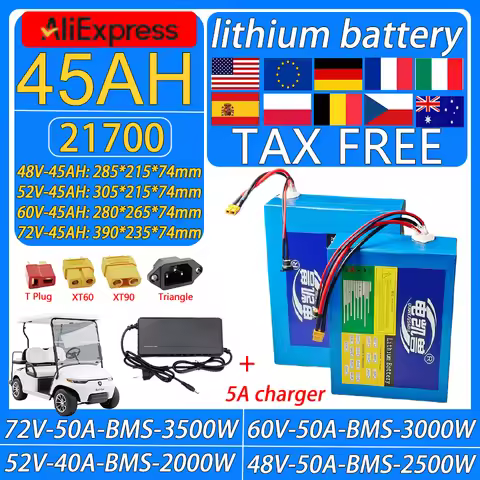 45Ah 48V 52V 60V 72V 21700 Lithium Batteries Pack 2000W-3500W Motorcycle/Trikes/Bicycle tricycle wit