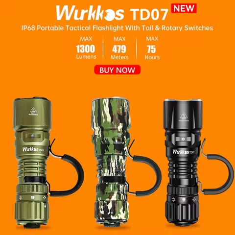 Wurkkos TD07 1300LM Tactical Flashlight 479M Long Throw IP68 Waterproof 18350 Battery Torch Dual Swi