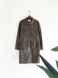 橄欖綠滑面光澤軍式工作口袋 古董薄質風衣外套 dustcoat jacket