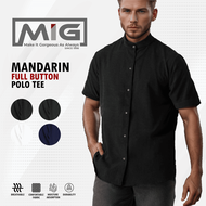 MIG Cotton Linen Mandarin Collar Full Button Short Sleeve Polo T Shirt