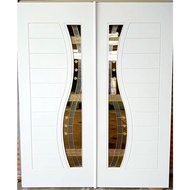 Pintu Kayu Kembar Cermin Utama Depan Rumah Full Solid Core Tahan Hujan Panas Wooden Door Tempered Glass Double Leaf