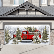Merry Christmas Garage Door Banner - Red Truck And Snowy Forest Design, 8x7 Ft/13x6 Ft/16x7 Ft, Dura