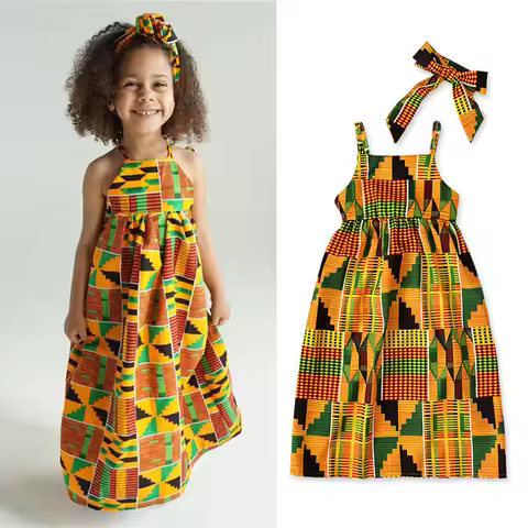Traditional African Strap Girls Dress Baby Princess Ankara Kids Outfits Cute Irregular Dress With Ha